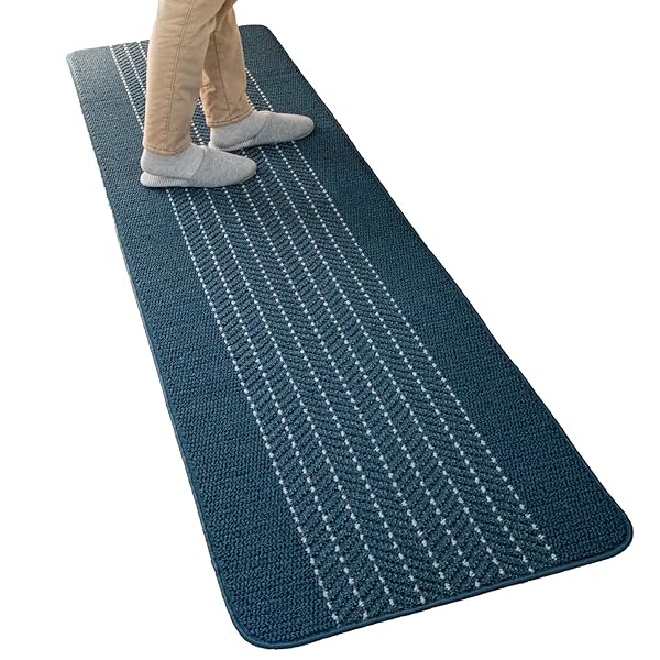 優踏生洗いやすい キッチンマット 約60cm×240cm ネイビー(ヘリンボン) (洗える 軽量 滑り止め クッション)