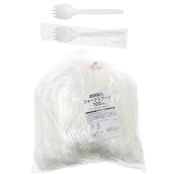 使い捨てスプーン 透明袋入り フォークスプーン 100本 アイボリー 16cm 日本製 業務用 大容量 個包装 袋入り 衛生的 使い捨てカトラリー 先割れスプーン F-599