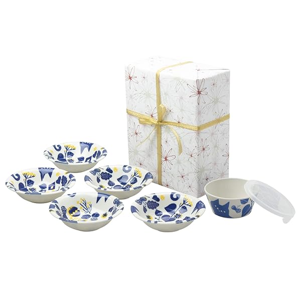 【包装紙ラッピング済】美濃焼 電子レンジ調理用品 ボール (直径14×高さ4.5cm)、レンジ (直径11.5×高さ4.5cm) ココア ブルーネコ (包装紙メッセージフラワー)