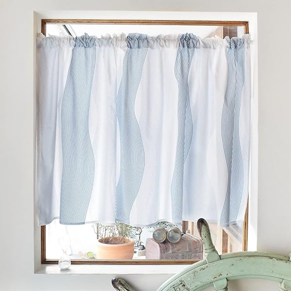 スタイルデコール(STYLE Decor) カフェカーテン 綿100% (72cm×100cm) スタンダードタイプ ウォーターフロー W3900110 ブルー