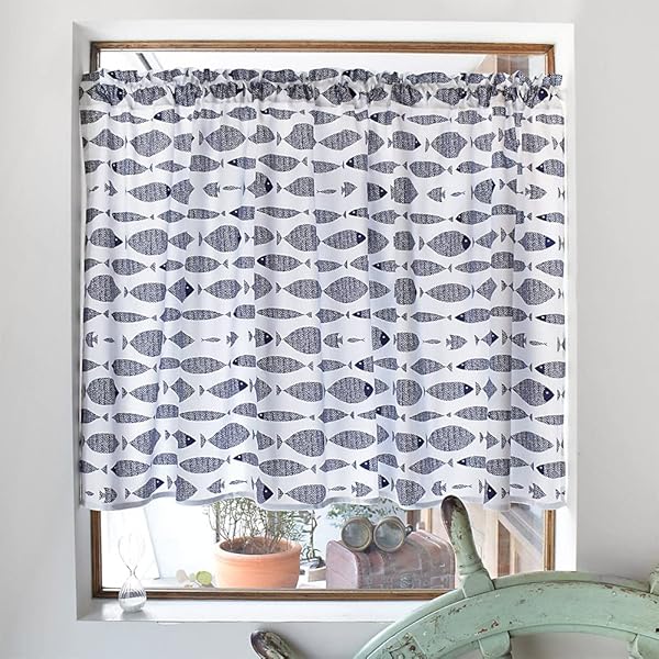 カフェカーテン 綿100% (72cm×142cm)スタンダードタイプ ブルーフィッシュ W3900530