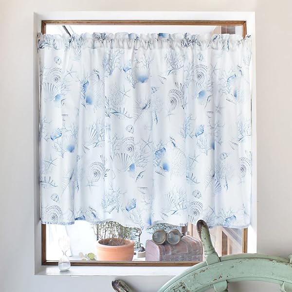 カフェカーテン 綿100% (72cm×142cm)スタンダードタイプ コーラル&シェル W3900430 ブルー