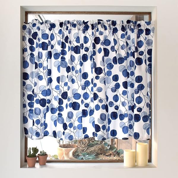 カフェカーテン 綿100% (72cm×100cm)スタンダードタイプ ネイビーリーフ W3902210
