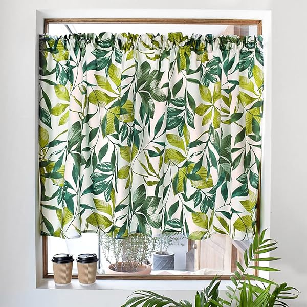 カフェカーテン 綿100% (72cm×100cm) スタンダードタイプ ボタニカルリーフ W3900810 ホワイト