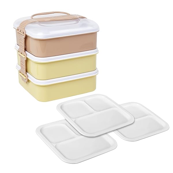 弁当箱 ピクニックケース リオパック 3段 取り皿3枚付き アースベージュ 約幅20.2×奥行19×高さ20cm