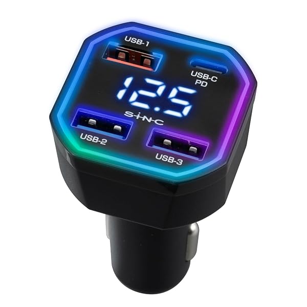 車内用品 USB シガーソケット DC/USBレインボーパワープラグ USB-C×1 USB-A×3 合計4ポート PD20W 18W 15W 最大合計出力 53W F359 4台同時充電 同時接続時に急速充電可能 電圧表示 グラデーションイルミ D