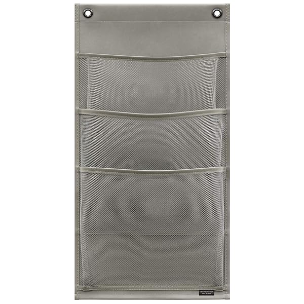 ウォールポケット グレー 約幅30×高さ57.5cm マチ付マガジン3P 合皮×メッシュ W-431