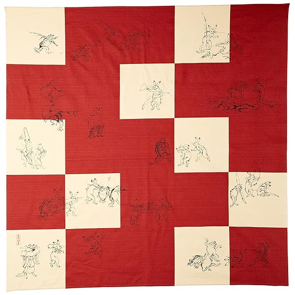 和雑貨 京小物 KURUMI大きな風呂敷 シャンタン三巾風呂敷 鳥獣人物戯画 Aアカ 約106×105cm