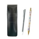 スリム牛革ペンケース黒 金属製指示棒と花柄シャープペンセット ASB-701S-HS380S