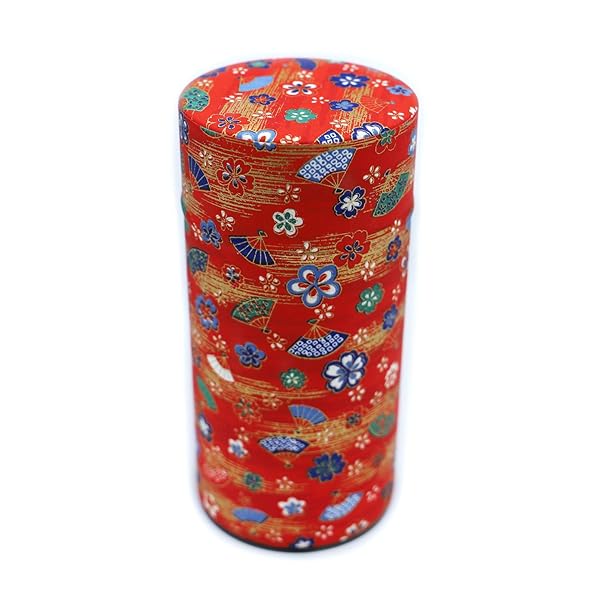 (Kyoto Katsugu) 和紙張り 茶缶 茶筒 日本製 (濃赤に梅桜扇金)