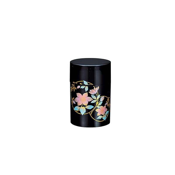 山中漆器 茶筒（中蓋付）黒 鉄仙 37-