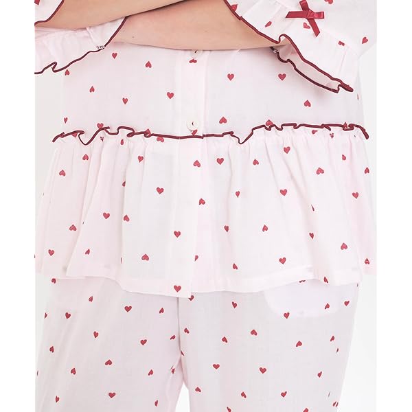 パジャマセット コットンダブルガーゼハートペプラムパジャマ レディース ホワイト