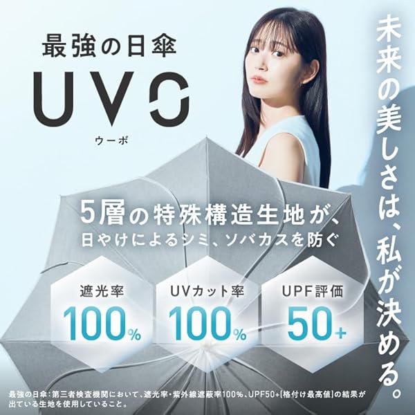 最強の日傘 UVO(ウーボ)折りたたみ傘／2段 刺繍スカラップ ブルーグレー《遮光率＆UVカット率100%/UPF50＋/遮熱/晴雨兼用》50cm レディース 長傘としても使える 2way バンブー おしゃれ UVO2F-009