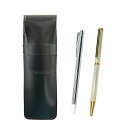 スリム牛革ペンケース黒 金属製指示棒と真鍮六角回転ホリ金ボールペンセット 銀 ASB-701S-6KSBP-S