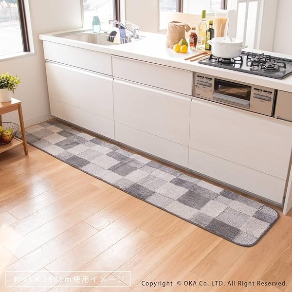 マルチブロック キッチンマット 約45cm×240cm グレー (チェック 北欧)