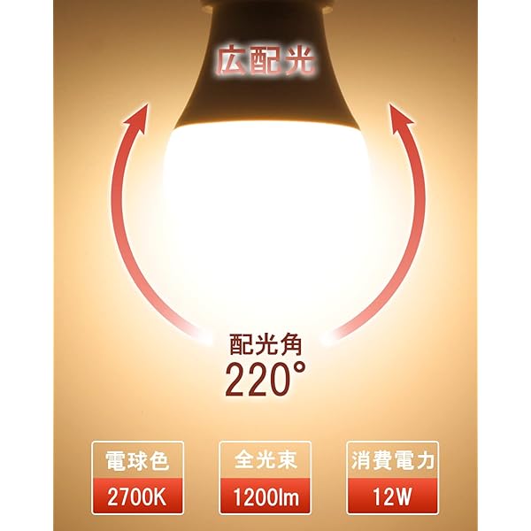 LED電球 E26口金 電球色 12W 1200lm 100W相当 2700k 220°広配光 高演色 調光不可 6...