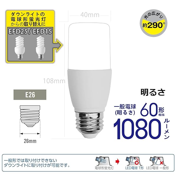 LED電球 T形タイプ 口金直径26mm 60w 100w形相当 昼光色 1080ルーメン (7.2W) 一般...