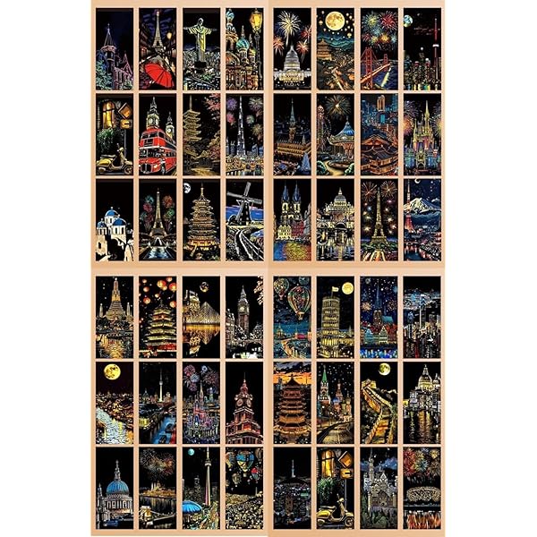 Rakuten - スクラッチアート 48枚セット はがきタイプ 面白い塗り絵 カラフル スクラッチペーパー 夜景