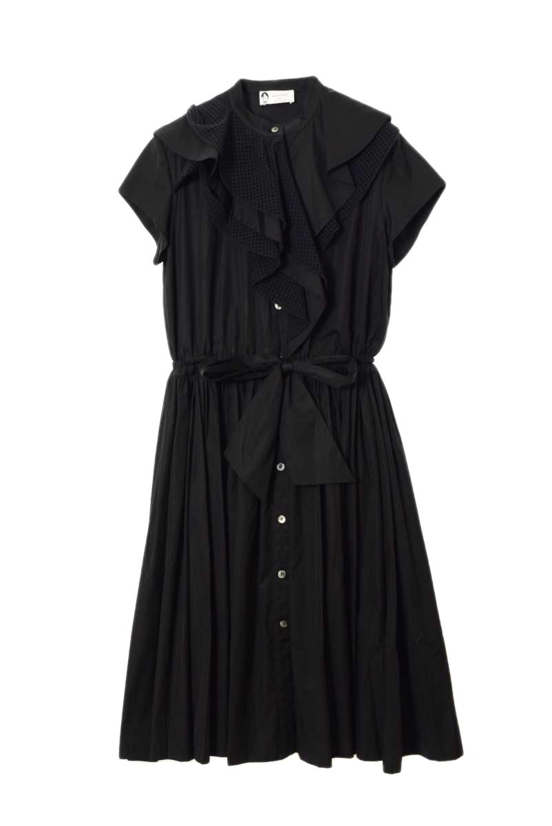 美品 LANVIN レース切替 ポプリン ドレス 36 ブラック ランバン 【中古】