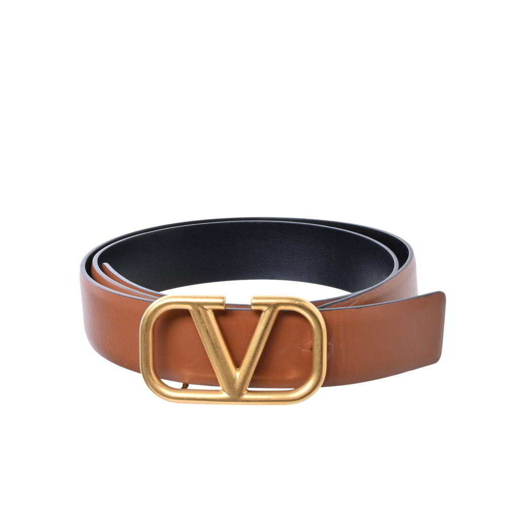 VALENTINO レザー Vバックル ベルト 80 ブラウン ヴァレンティノ 【中古】