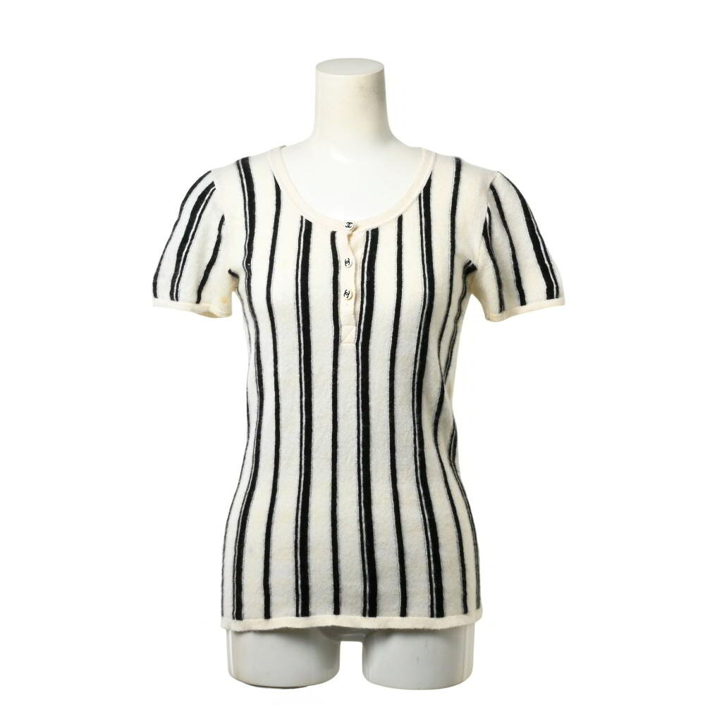 CHANEL 03C P20426V01243 ココボタン ストライプ カシミヤ 半袖 ニット 38 ホワイト シャネル 【中古】