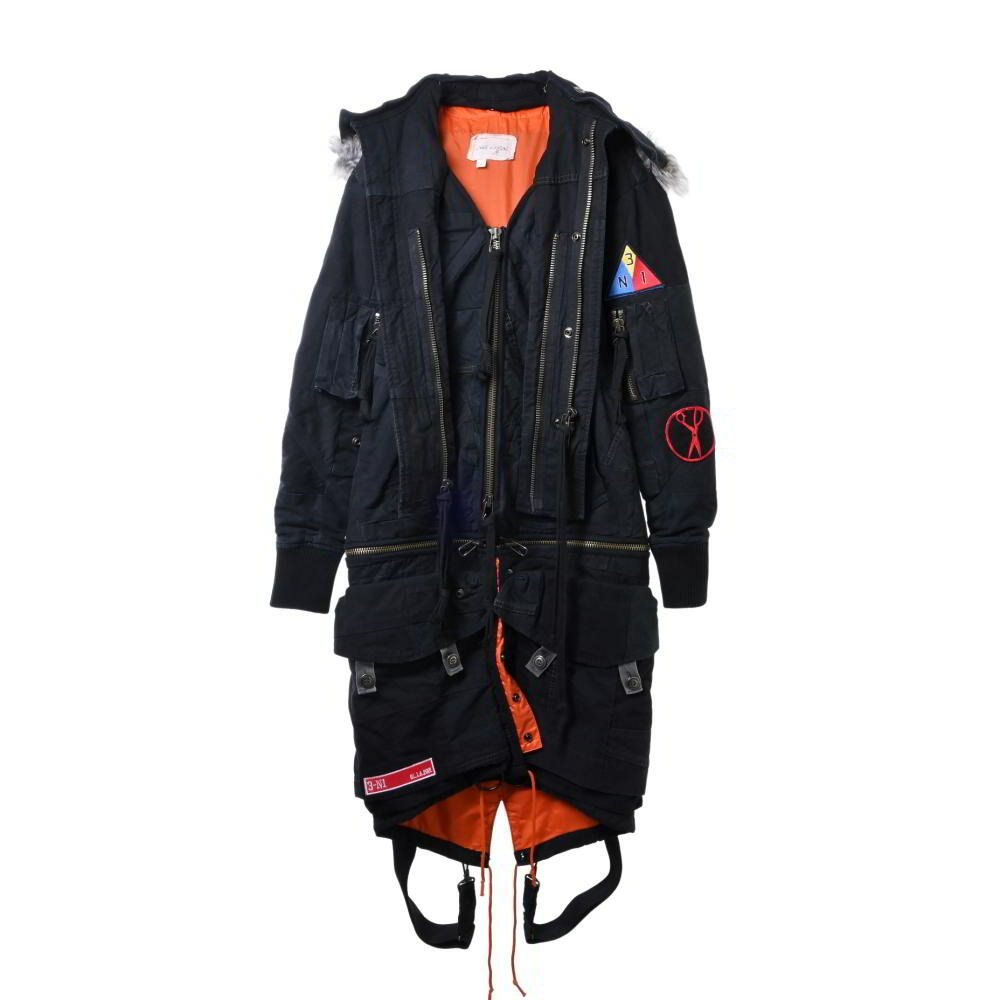 GREG LAUREN tent scrapwork3n1 ファー付き モッズコート 1 ブラック グレッグローレン 【中古】