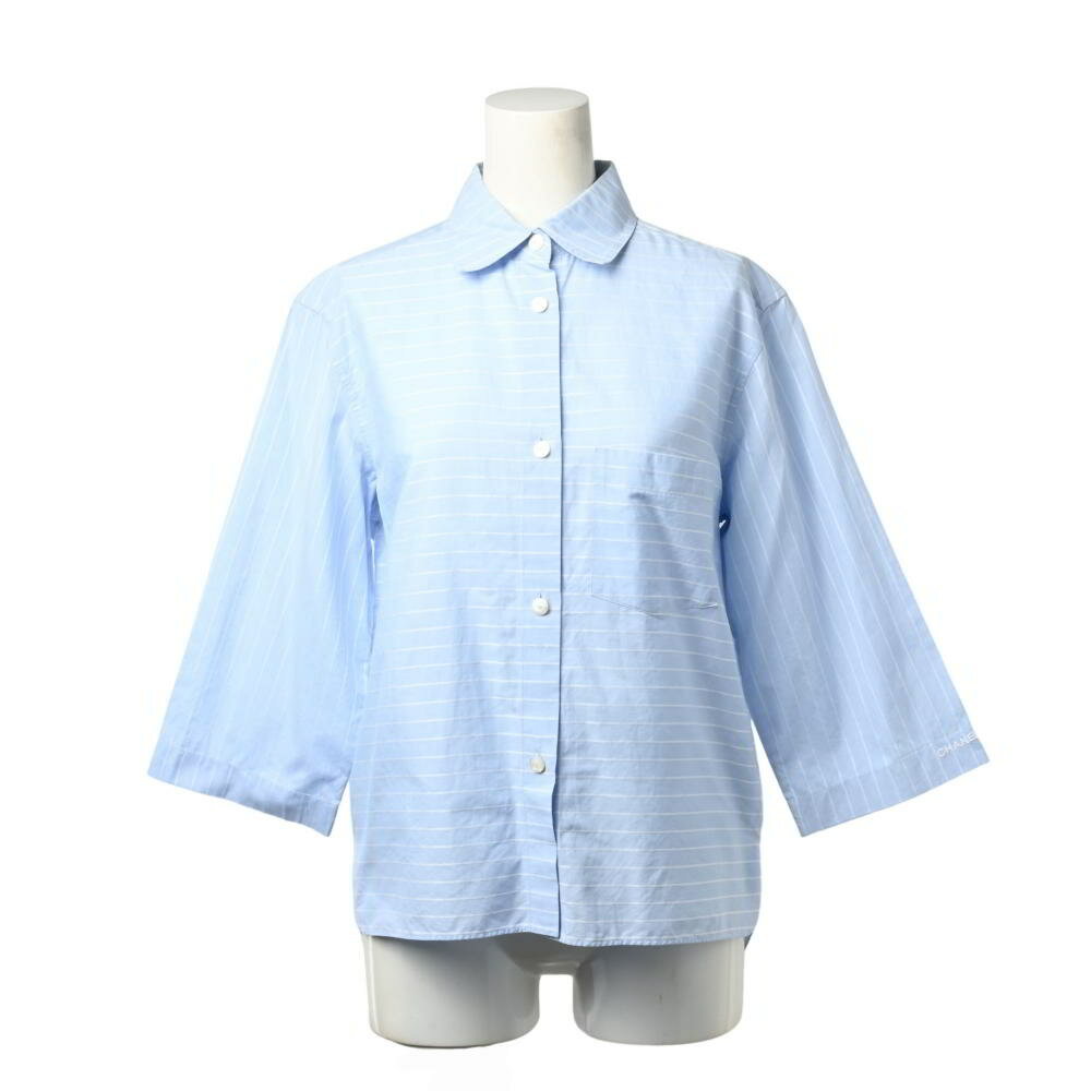 CHANEL 00E P14742V08220 袖ロゴ刺繍 ボーダー 五分丈 シャツ 38 ブルー シャネル 【中古】