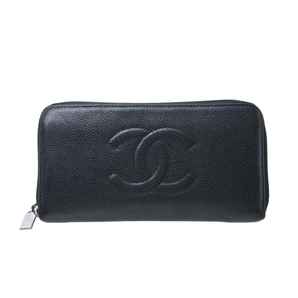 CHANEL キャビアスキン ラウンドジップ 長財布 ウォレット - ブラック シャネル 【中古】