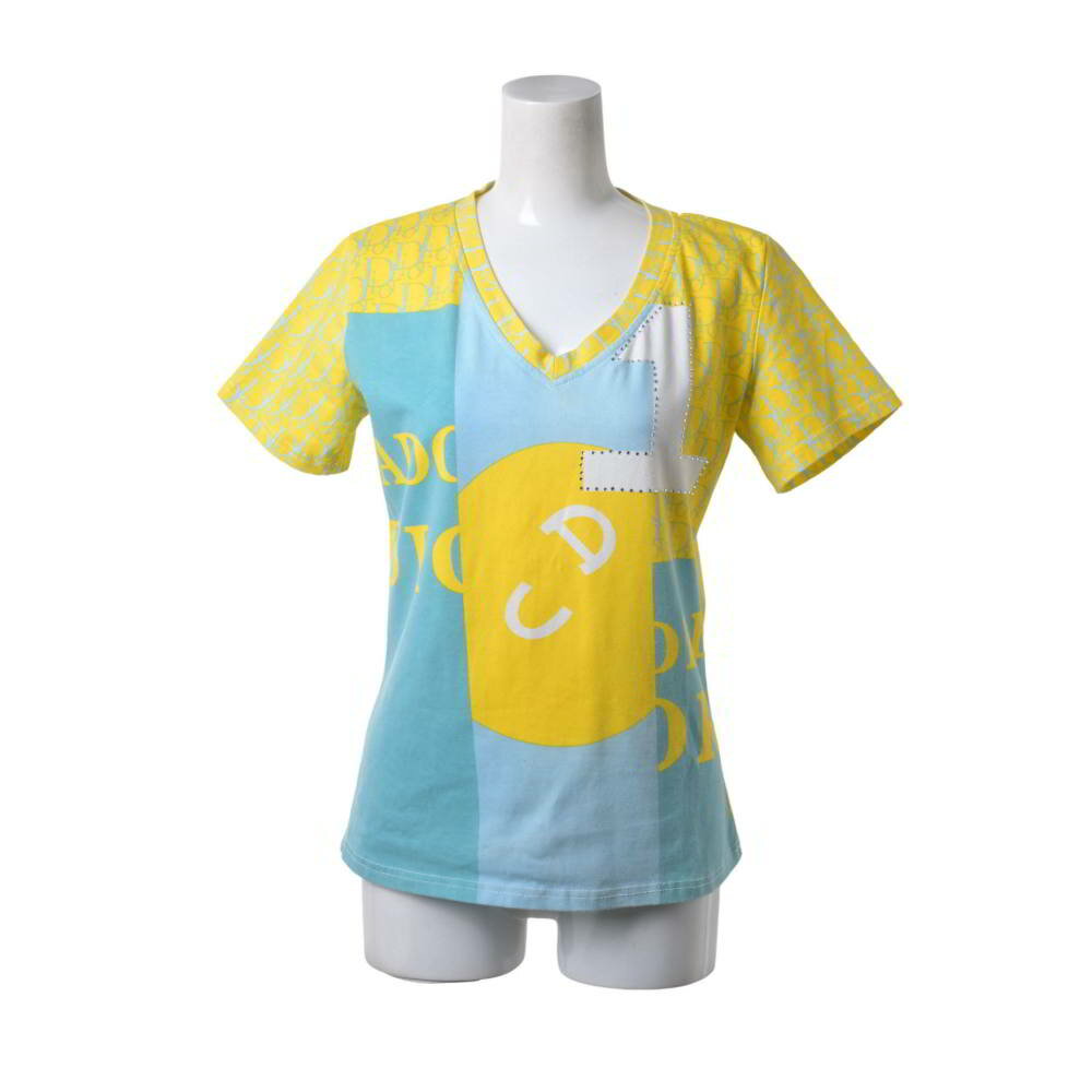 Christian Dior 2P12155050 ガリアーノ期 トロッター柄 Vネック Tシャツ 44 イエロー クリスチャンディオール 【中古】