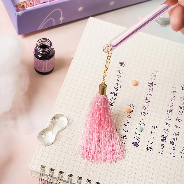 セット インクセット つけペン ギフト タッセル付き ガラス 文具 万年筆 ガラスペン 細字 女性 かわいい おしゃれ レディース 文房具 初心者 誕生日 プレゼント シンプル ペン置き付き 学生 大人 ピンク