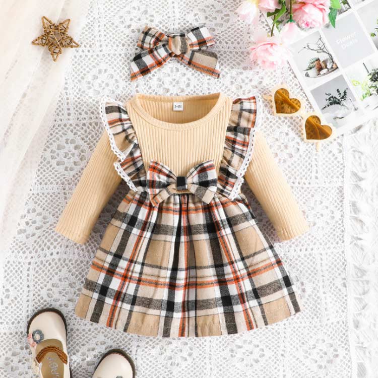 総柄 チェック柄 長袖 リラックス ワンピース ワンピ リボン ふんわり 子供服 子ど...