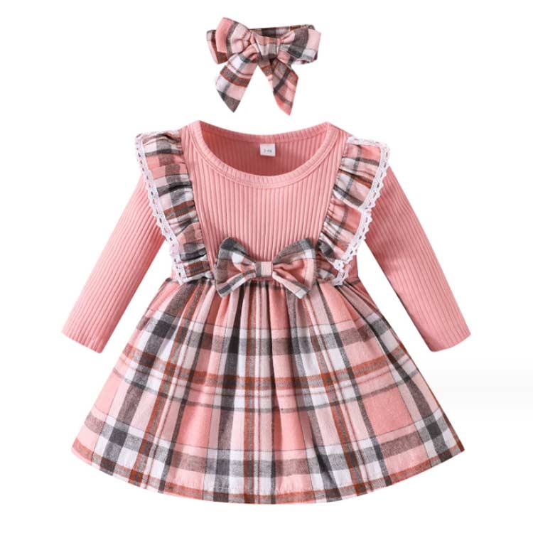 総柄 チェック柄 長袖 リラックス ワンピース ワンピ リボン ふんわり 子供服 子ど...