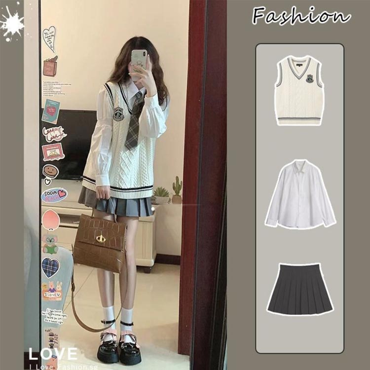 女子高生 学生服 長袖 大人 制服コスプレ JK制服 制服 シャツ ニットベスト ケーブル編み 4点セット レディース 女子高校生 スカート コスプレ セットアップ 女子高生 文化祭 可愛い 学園祭 コスチューム 衣装 仮装 制服