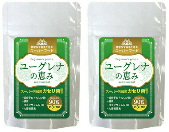 ユーグレナの恵み 【お得な2袋セット】 1袋 90粒（約3ヶ月分）サプリメント ユーグレナ ガセリ菌 ミドリムシ スーパーフード 低分子ヒアルロン酸 酵素 コエンザイムQ10 大麦若葉末 スッキリ快適な毎日の為に 全国送料無料