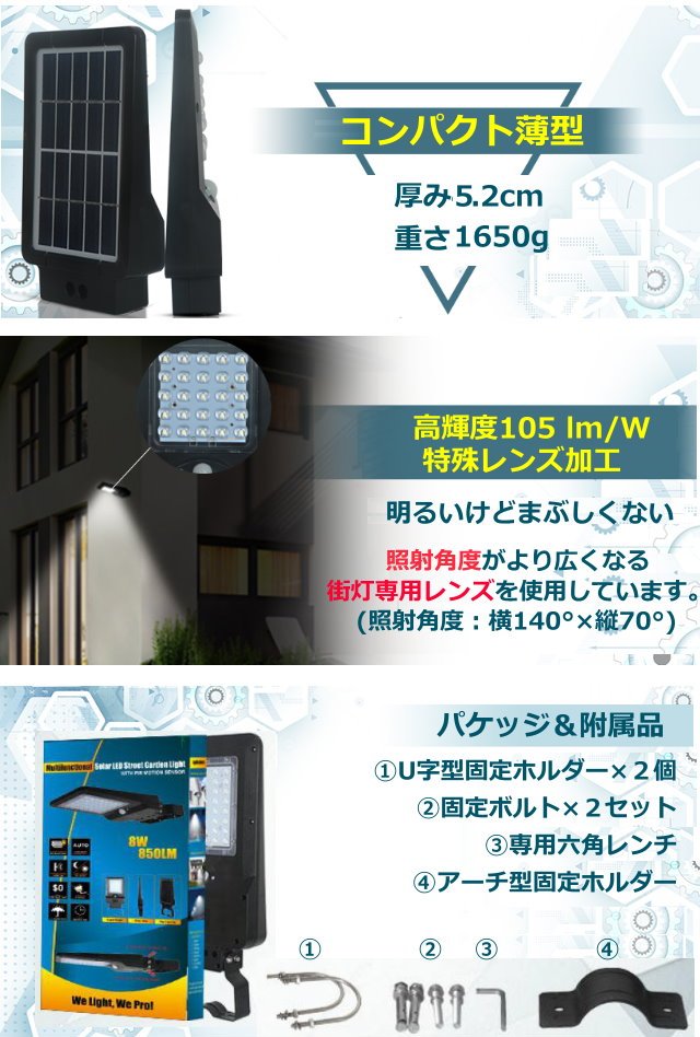 センサーライト ソーラー 太陽発電 8W コンパクト 省エネ 夜間自動点灯 送料無料 屋外照明 駐車場 庭 街灯 玄関 防犯 CY-SO8W