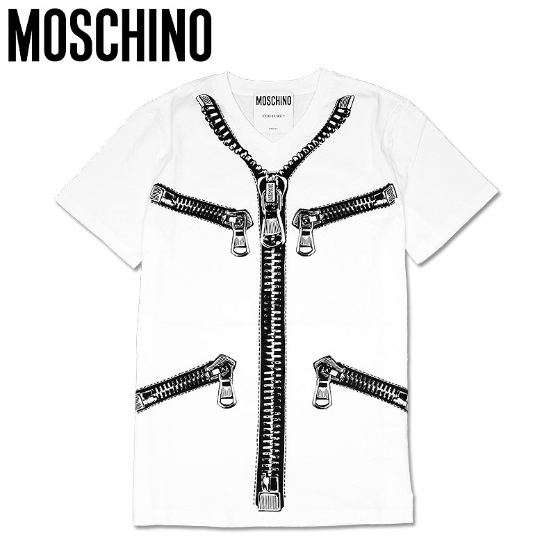【MOSCHINO】モスキーノ 半袖 Tシャツ カットソー Vネック ジッパープリント ファスナー メンズ カジュアル