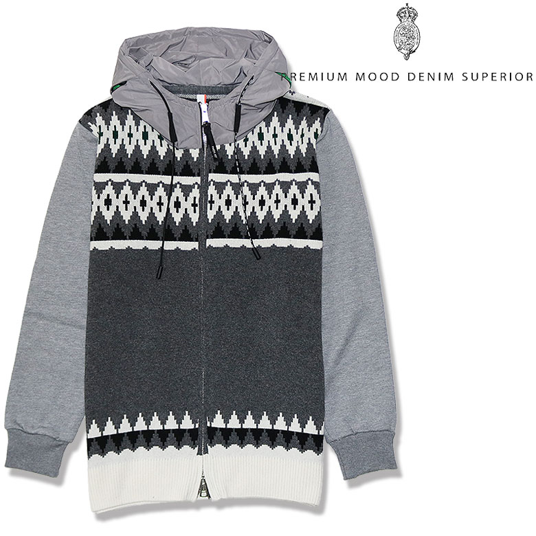 P.M.D.S. ピーエムディーエス パーカー フーディ ジップアップ AMATEIA f23744mg ノルディック柄 ハイブリッド 切り替えニット 長袖 メ...