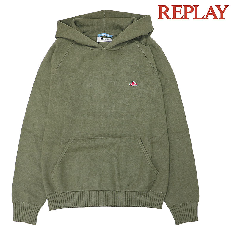 【REPLAY】リプレイ パーカー ニットフーディ プルオーバー HOODIE リサイクルファイバー サステナブル セットアップ可 アーカイブロゴ刺繍 メンズ