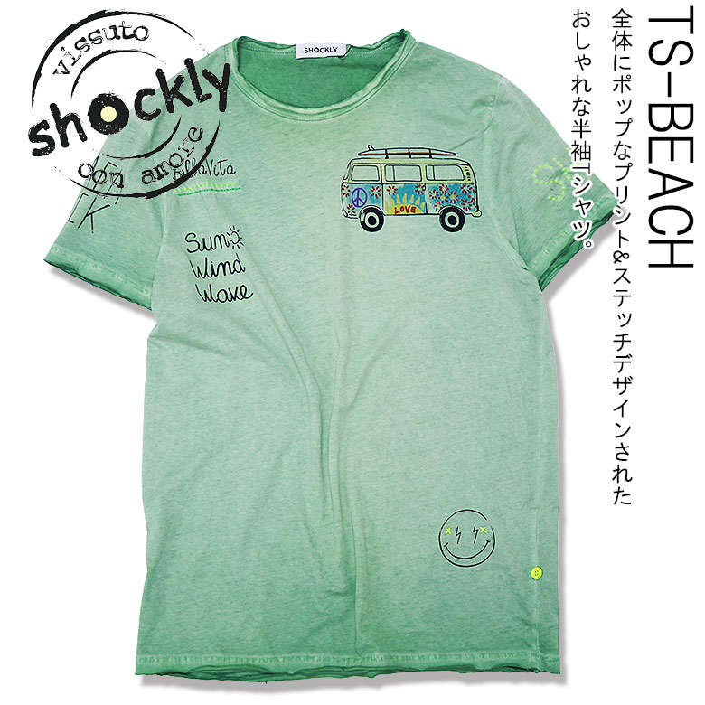 【shockly】ショックリー Tシャツ 半袖 カットソー BEACH 海 ビーチ プリント オリジナリティー 春夏 メンズ カジュアル