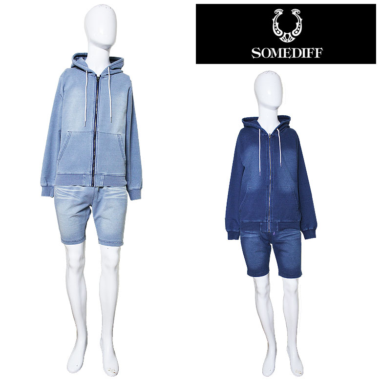 Rakuten - 【SOMEDIFF】サムディフ セットアップ スウェット スエット ジップパーカー デニムショーツ ハーフパンツ ショートパンツ ブルー インディゴ 青 濃紺 SET UP メンズ ウォッシュ加工 ストレッチ