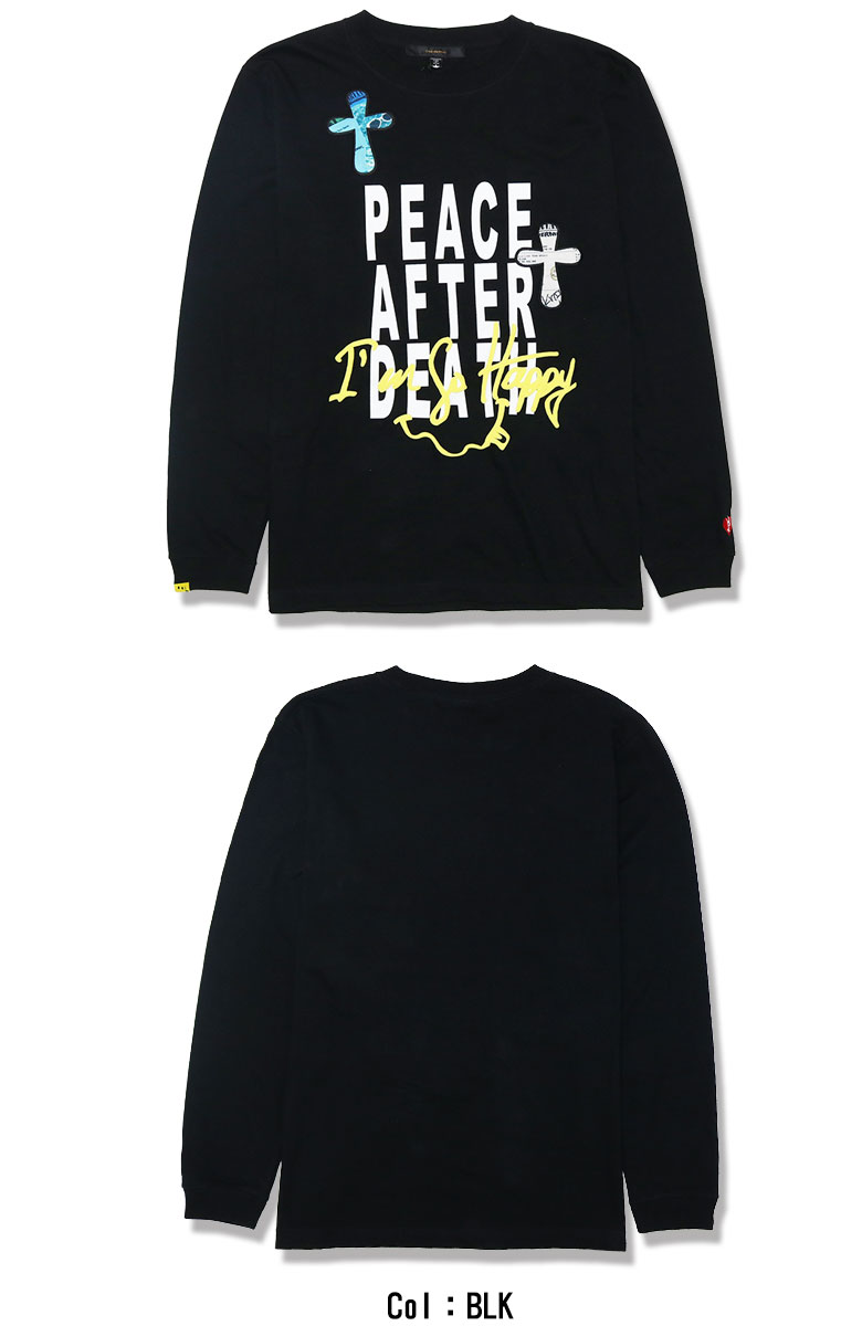 【STUD MUFFIN】スタッドマフィン Tシャツ 長袖 5.6ozコットン天竺 グラフィティプリント 発泡プリント PEACE AFTER DEATH&クロスパッチワーク メンズ ファッション