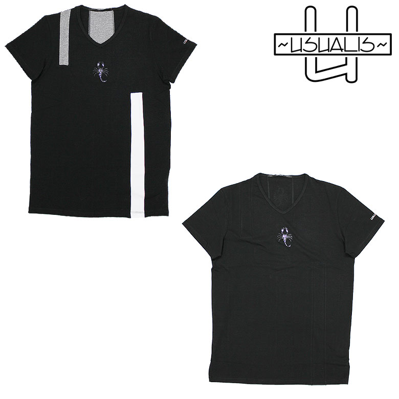Rakuten - 【USUALIS】ウザリス Tシャツ 半袖 カットソー サソリ スワロ ラインストーン Vネック 黒 ブラック ゴルフ ナイトライフ ラグジュアリー スポーティ ユニ メンズ イタリアブランド