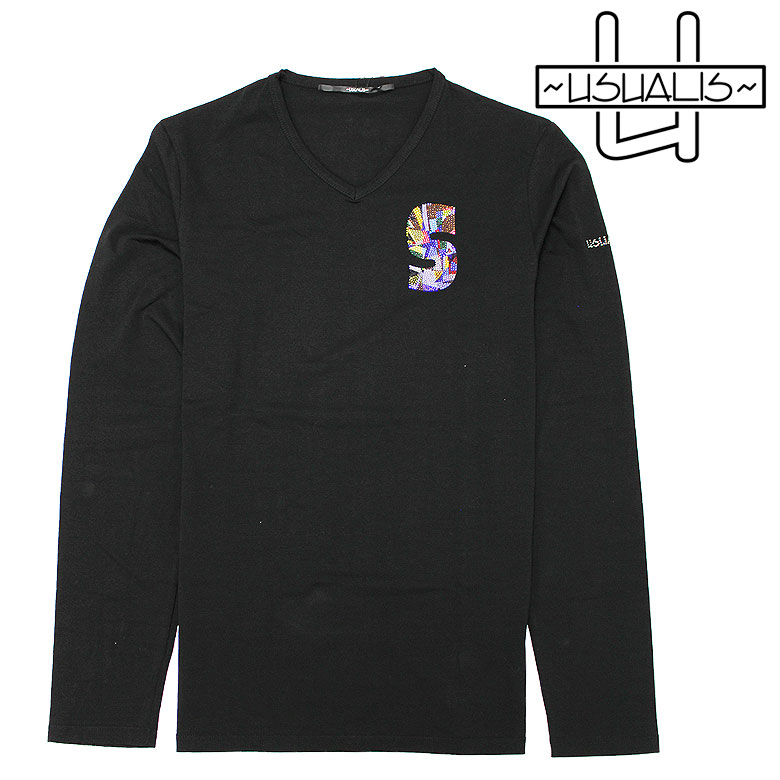 Rakuten - 【USUALIS】ウザリス Tシャツ 長袖 ロンt ロングスリーブ スワロ ラインストーン Vネック 黒 ブラック ゴルフ ナイトライフ ラグジュアリー スポーティ ユニ メンズ イタリアブランド