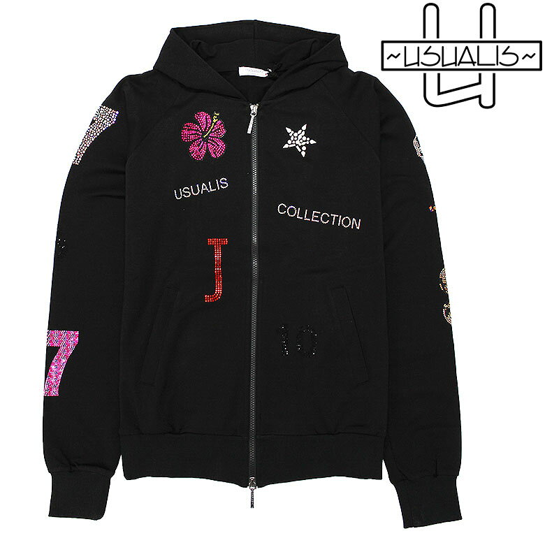 ��10%OFF�� ��USUALIS�ۥ����ꥹ �ѡ����� �ա��ǥ� ���åץ��å� RHINESTONE DESIGN ZIP HOODIE ����� �饤�󥹥ȡ���...