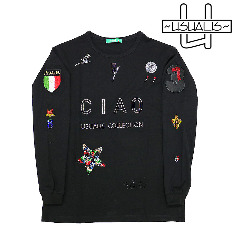【USUALIS】ウザリス Tシャツ 長袖 カットソー PATCH & RHINESTONE DESIGN L/S T-SHIRT スパンコール ラインストーン...