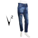 【v2brand】ブイツー デニム ジーンズ JEANZ ダメージ リペア ペイント ブルー おしゃれ 破れ ボトムス メンズ カジュアル
