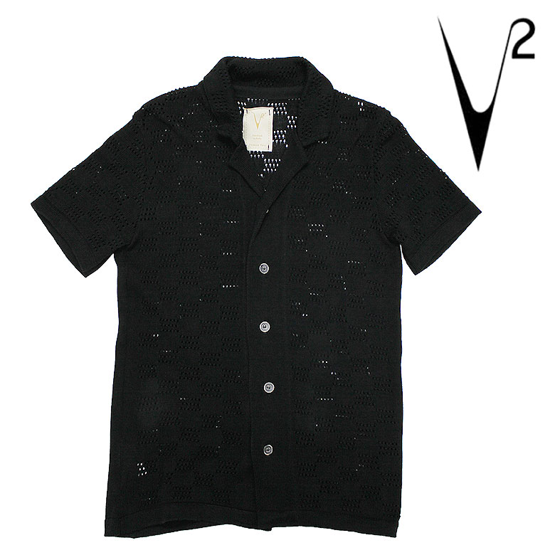 Rakuten - 【v2brand】ブイツー ニットシャツ 半袖 トップス ショートスリーブ 涼しい 軽量 アイレットデザイン 穴あき 黒 ブラック メンズ 春夏