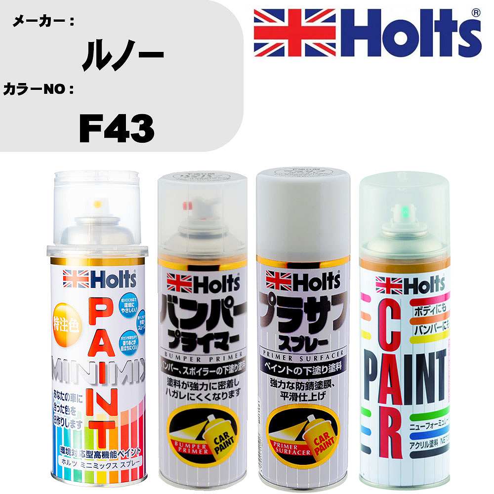 車 バンパー 塗装 スプレールノー カラー番号 F43 ペイントスプレー+バンパープライマー(MH11505)+プラサフホワイト(MH11501)+ぼかし剤(MH11608)セット カラースプレー ホルツ MINMIX ミニミックス オーダーカラー 補修 塗装 カーペイント ミラー【TU&SP】