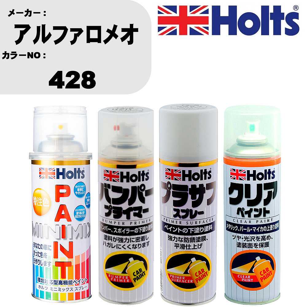 車 塗装 スプレー アルファロメオ 428 ペイントスプレー+バンパープライマー(MH11505)+プラサフホワイト(MH11501)+クリア(MH11604)セット カラースプレー ホルツ MINMIX ミニミックス オーダーカラー 補修 カーペイント【TU&SP】 車 傷消し キズ 直し 自分 で