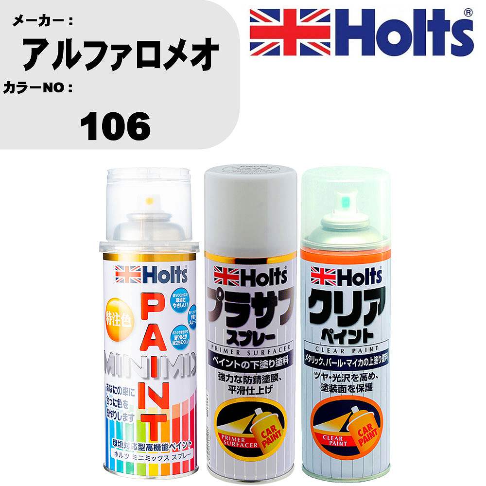 車 塗装 スプレー アルファロメオ 106 ペイントスプレー+プラサフホワイト(MH11501)+クリア(MH11604)セット カラースプレー ホルツ MINMIX ミニミックス オーダーカラー 補修 カーペイント【TU&SP】 車 傷消し キズ 直し 自分 で